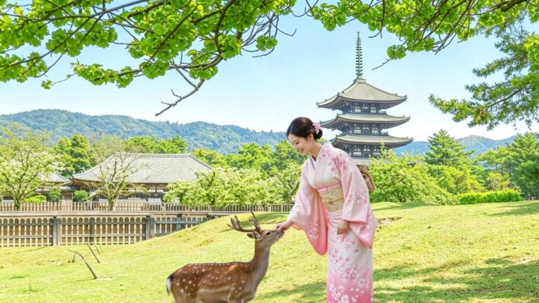 Une femme en kimono nourrit un cerf devant une pagode à cinq étages, dans le parc de Nara