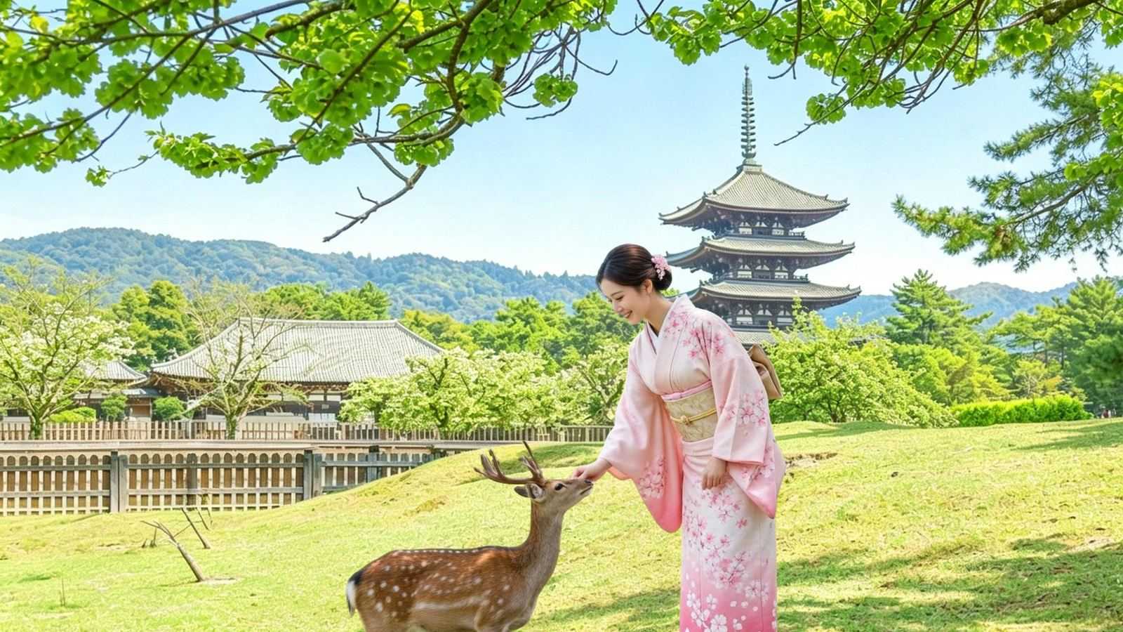 Une femme en kimono nourrit un cerf devant une pagode à cinq étages, dans le parc de Nara